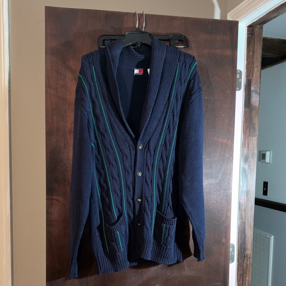 Vintage Tommy Hilfiger Navy Cardigan with Green Details 100 % Cotton